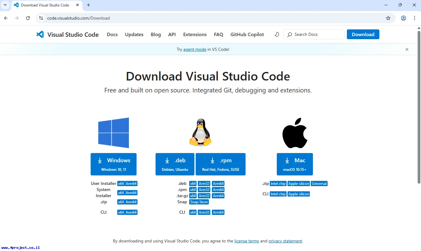 "גרסאות של VSCode למערכות הפעלה שונות"